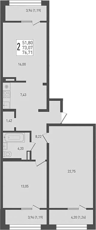 3-комн., 73.07 м², 3/9 этаж, ЖК «Югге»