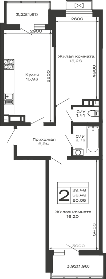 2-комн., 56.48 м², 11/16 этаж, ЖК «Долина»