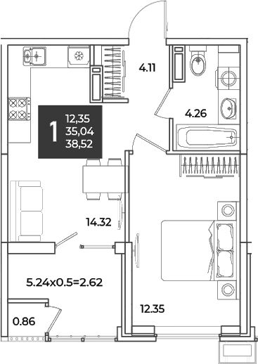 1-комн., 35.04 м², 17/18 этаж, ЖК «Образцово»