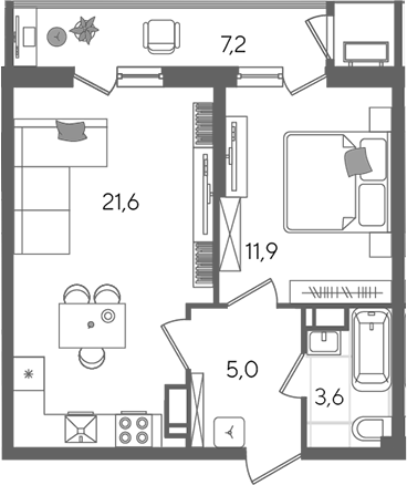 2-комн., 42.1 м², 24/24 этаж, ЖК «Рекорд»