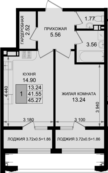 1-комн., 41.55 м², 2/8 этаж, ЖК «Резиденция морей»