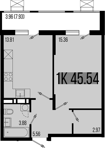 1-комн., 41.58 м², 3/8 этаж, ЖК «Цветной бульвар»