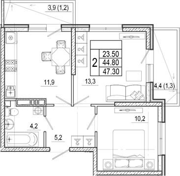 2-комн., 44.8 м², 2/17 этаж, ЖК «Лестория»