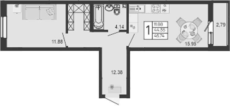 1-комн., 44.34 м², 2/9 этаж, ЖК «Дом 101»