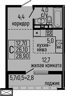 Студия, 26.1 м², 5/11 этаж, ЖК «Звезды»