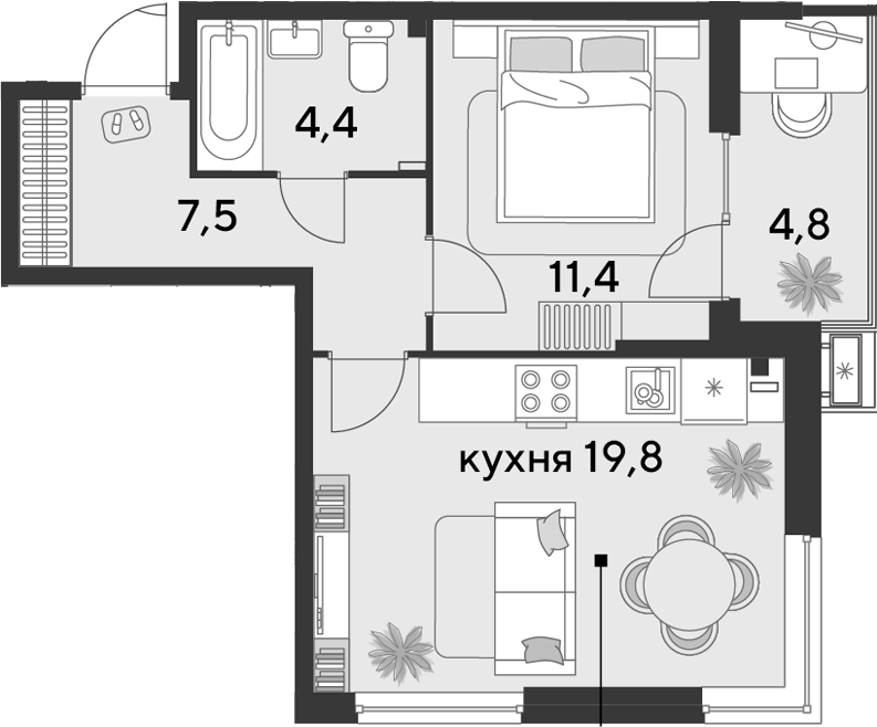 2-комн., 43.1 м², 2/9 этаж, ЖК «Парк Победы»