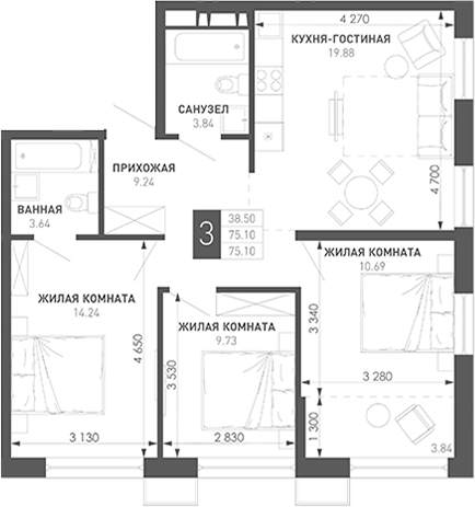 3-комн. Иначе в Молодежном