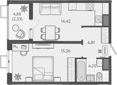 1-комн., 38.84 м², 12/18 этаж, ЖК «Теплые края»
