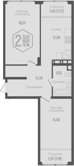 2-комн., 64.41 м², 21/24 этаж, ЖК «Гарантия PRIME»