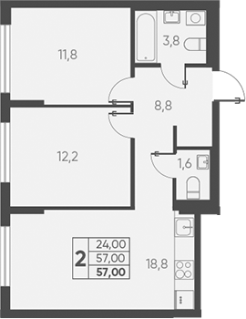 2-комн., 57 м², 1/15 этаж, ЖК «Барса»