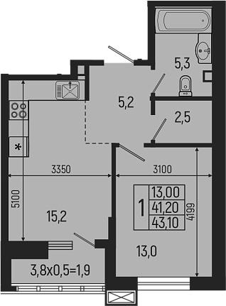 2-комн., 41.2 м², 2/9 этаж, ЖК «Звезды»