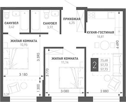 Продается 2-комн. квартира, 60.9 м²