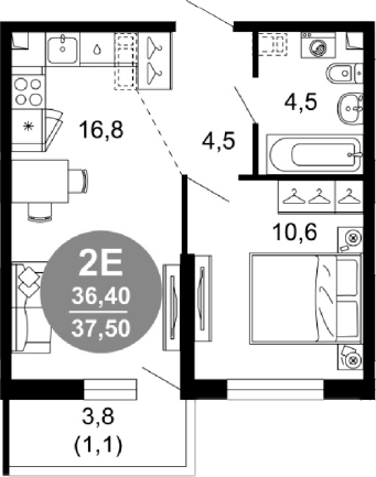 2-комн., 36.4 м², 1/17 этаж, ЖК «Лестория»