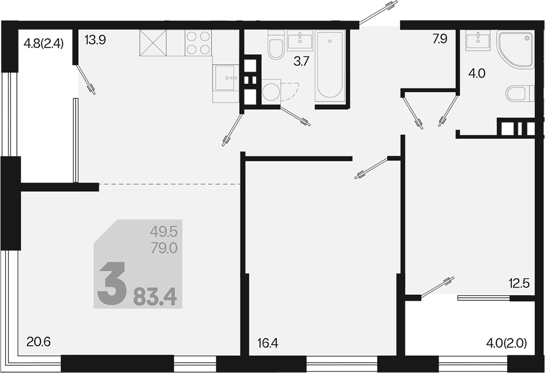 3-комн., 79 м², 5/9 этаж, ЖК «Первое место»