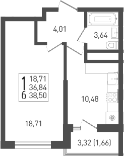 1-комн., 37.6 м², 18/22 этаж, ЖК «ЖК «Кубанская Крепость»»