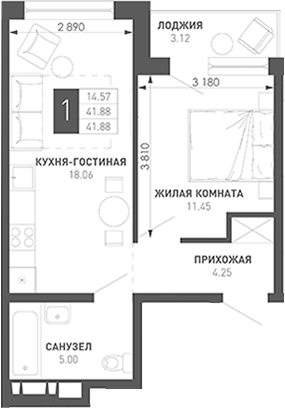 1-комн., 39.77 м², 2/9 этаж, ЖК «Иначе в Молодежном»