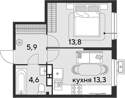 1-комн., 37.6 м², 12/18 этаж, ЖК «Парк Победы»