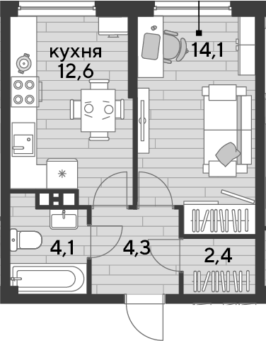 1-комн., 37.5 м², 4/16 этаж, ЖК «DОГМА ПАРК»