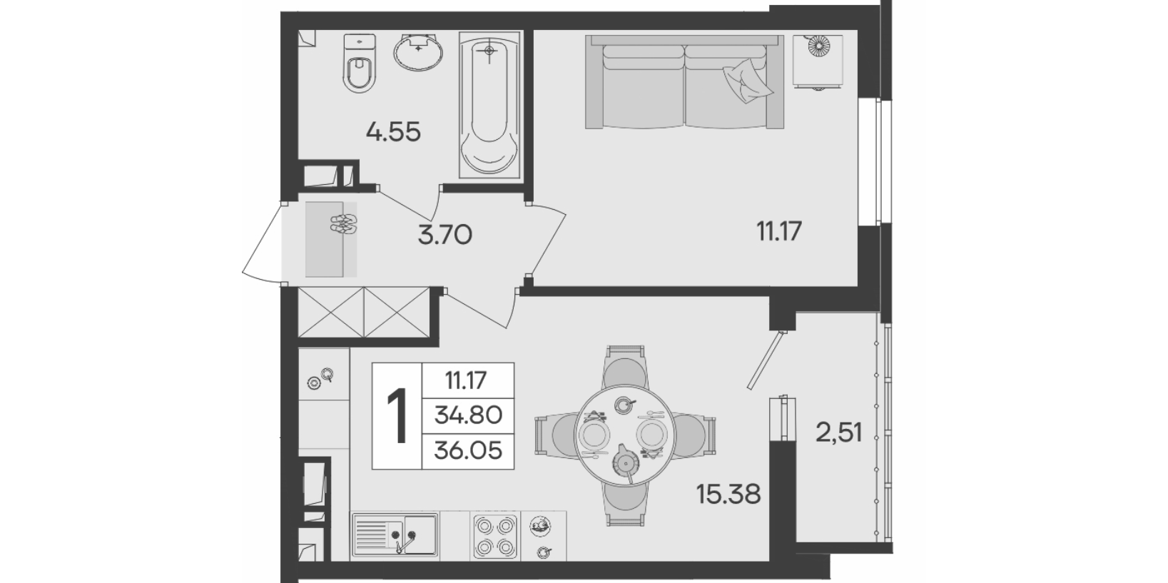 1-комн., 34.8 м², 5/9 этаж, ЖК «Дом 101»