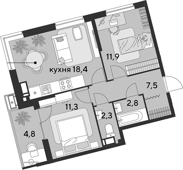 3-комн., 54.2 м², 10/18 этаж, ЖК «Парк Победы»