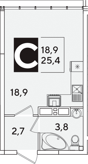 Студия, 25.4 м², 16/16 этаж, ЖК «Самолет»