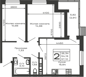 2-комн., 54.19 м², 13/14 этаж, ЖК «Долина»