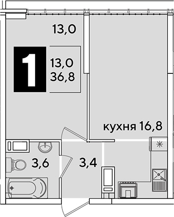 2-комн., 36.8 м², 16/16 этаж, ЖК «Самолет»