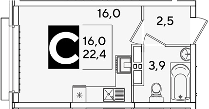 Студия, 22.4 м², 12/16 этаж, ЖК «Самолет»