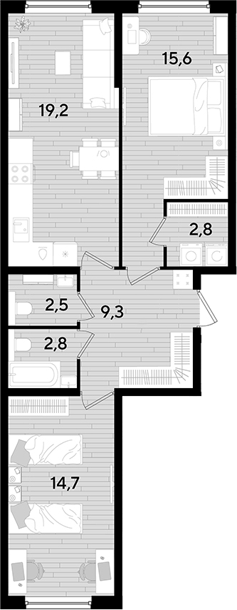2-комн., 66.9 м², 2/16 этаж, ЖК «DОГМА ПАРК»