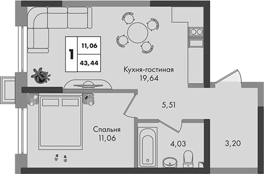 2-комн., 43.44 м², 3/9 этаж, ЖК «Зеленая территория»