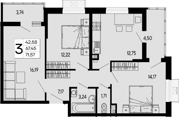 3-комн., 67.45 м², 2/16 этаж, ЖК «Эпос»