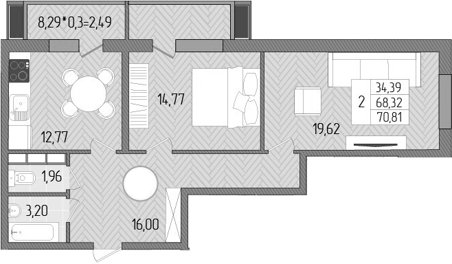2-комн., 68.32 м², 4/8 этаж, ЖК «Сады у моря»