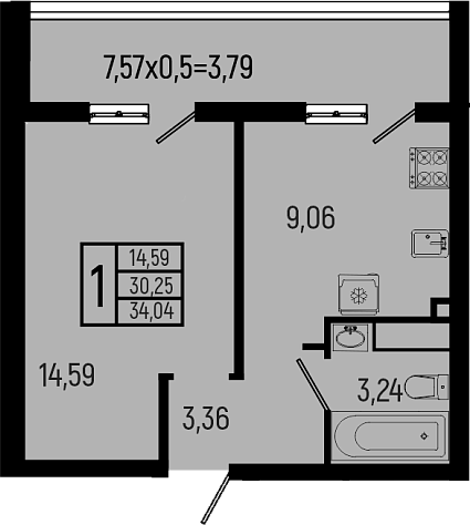 1-комн., 30.25 м², 4/9 этаж, ЖК «Ботаника Хиллс»