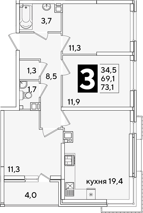4+ комнаты, 69.1 м², 6/16 этаж, ЖК «Самолет»
