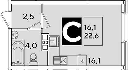 Студия, 22.6 м², 2/16 этаж, ЖК «Самолет»