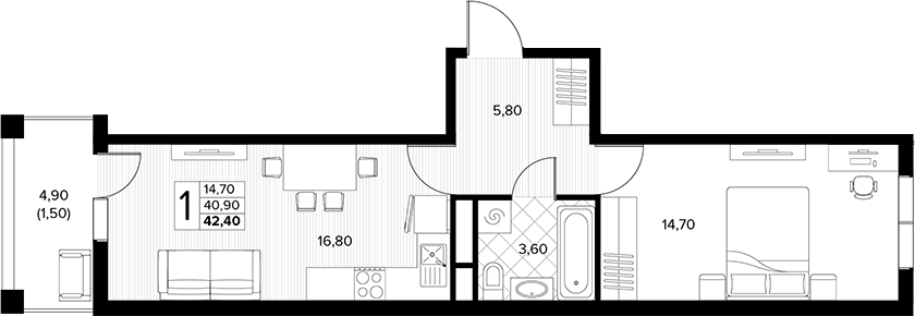 1-комн., 40.9 м², 5/6 этаж, ЖК «Кипарис»
