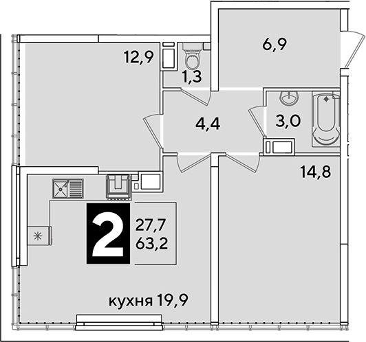 3-комн., 63.2 м², 16/16 этаж, ЖК «Самолет»