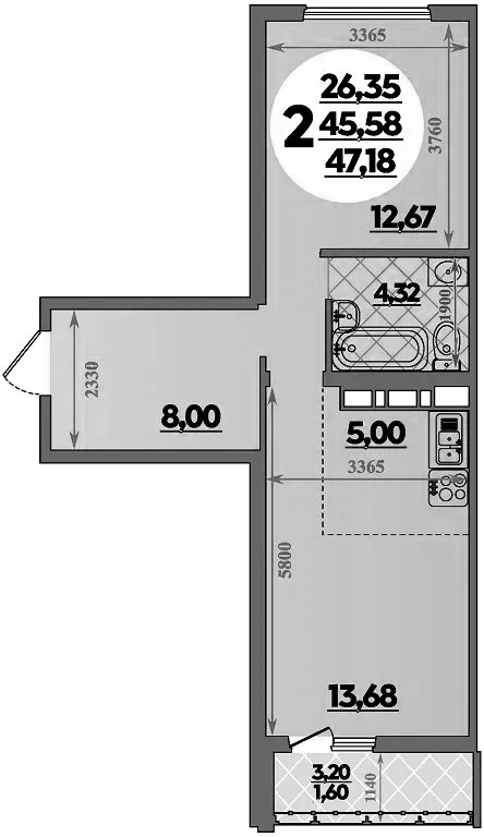 2-комн., 45.58 м², 13/16 этаж, ЖК «Город у моря»