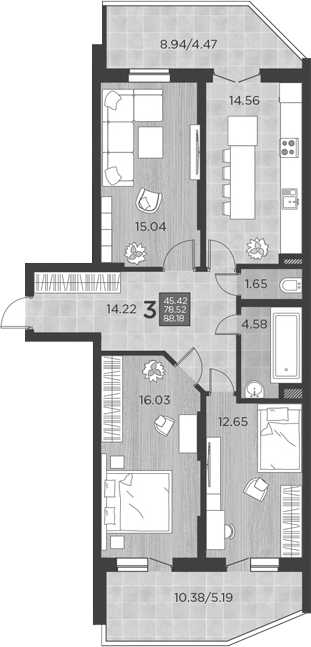 3-комн., 78.52 м², 2/17 этаж, ЖК «Россинский Парк»
