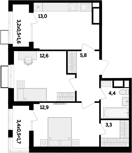 2-комн., 52 м², 15/16 этаж, ЖК «МегаСити»