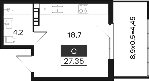 Студия, 22.9 м², 3/4 этаж, ЖК «Новая Елизаветка»