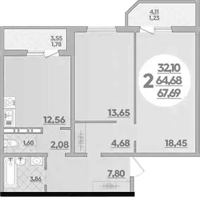 2-комн., 64.68 м², 3/16 этаж, ЖК «Восточный. Квартал №6»