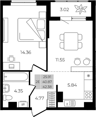 Продается 2-комн. квартира, 40.87 м²