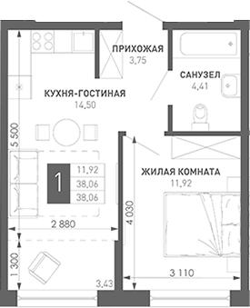 1-комн., 40.06 м², 18/18 этаж, ЖК «Иначе в Молодежном»