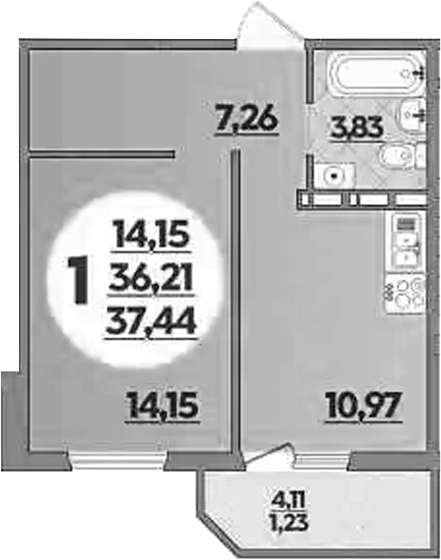 1-комн., 36.21 м², 4/9 этаж, ЖК «Южная долина»