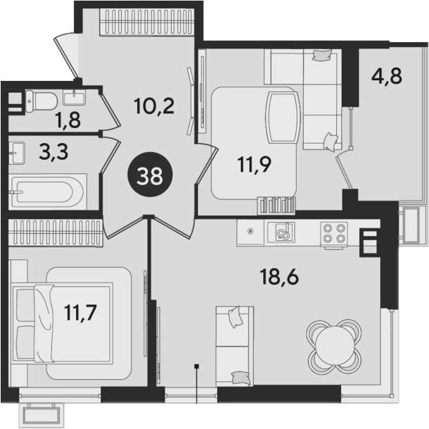 3-комн., 57.5 м², 5/9 этаж, ЖК «Парк Победы»