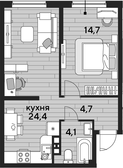 1-комн., 47.9 м², 4/16 этаж, ЖК «DОГМА ПАРК»