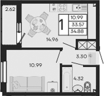 1-комн., 33.57 м², 2/9 этаж, ЖК «Дом 101»