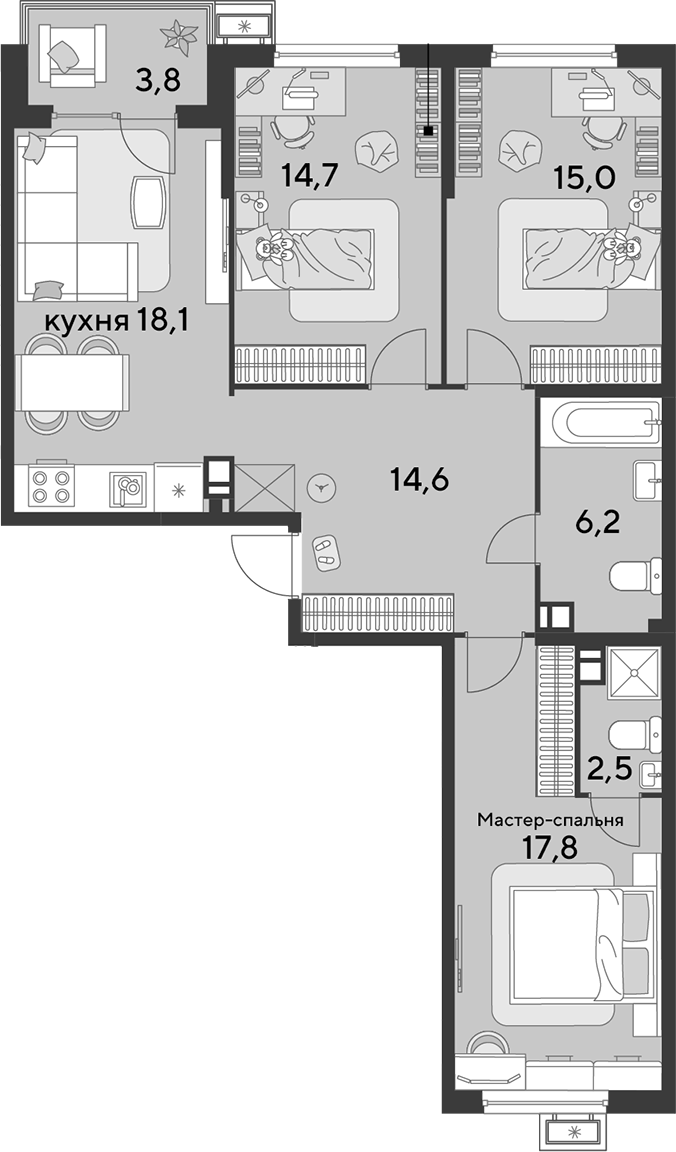 4+ комнаты, 88.9 м², 3/9 этаж, ЖК «Парк Победы»