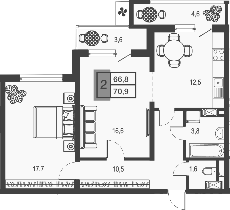 2-комн., 62.7 м², 15/17 этаж, ЖК «Дом у озера»